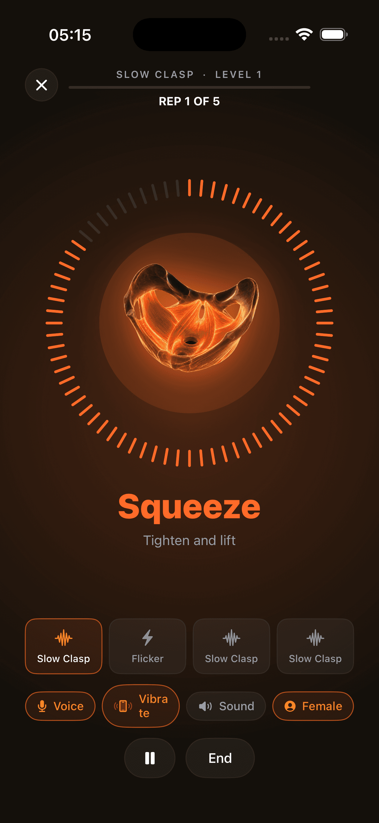 Perfomax guided workout player showing the Squeeze exercise on a timed ring
